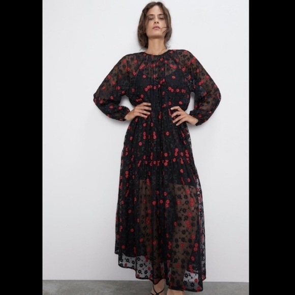 NEW Zara Oversized Floral Embroidered Sheer Dress Black Red Bloggers Favorite - Picture 13 of 13